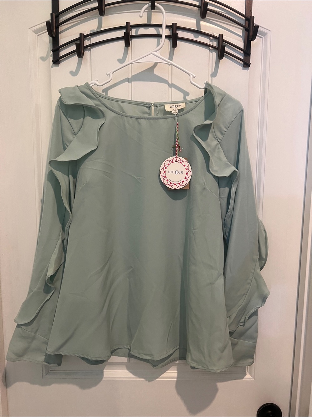 Umgee Mint Sage Ruffle Shoulder Blouse